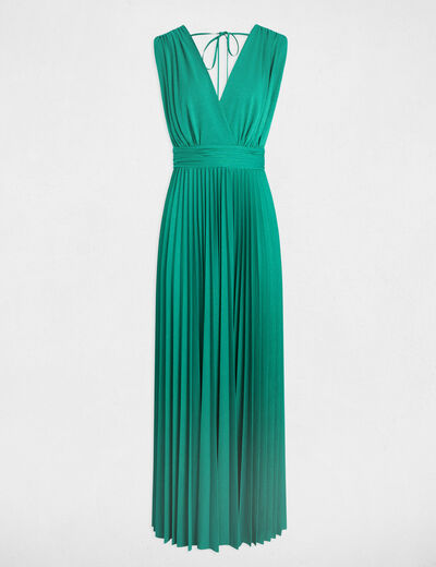 Vestido largo recto plisado verde emeralda mujer