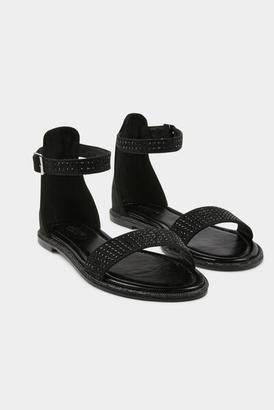 Sandalias planas con detalles strass negro mujer