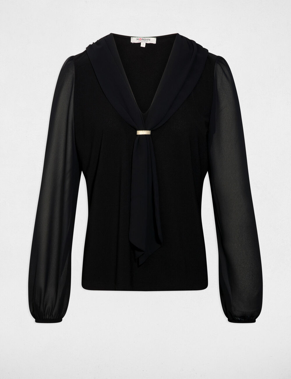 Camiseta de voile con cuello lazada negro mujer