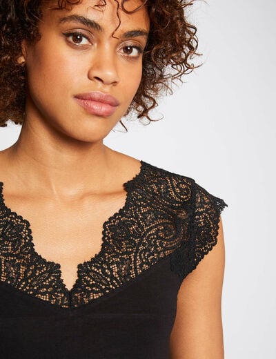 Camiseta manga corta con encaje negro mujer