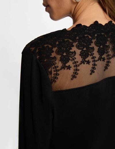 Camiseta cuello v encaje negro mujer