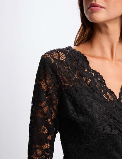 Vestido de encaje con cuello en v negro mujer