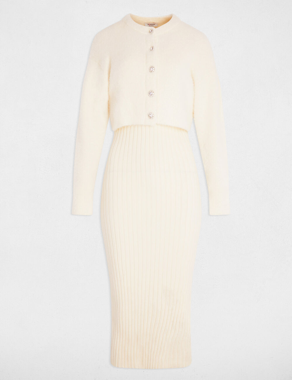 Vestido de punto entallado marfil mujer