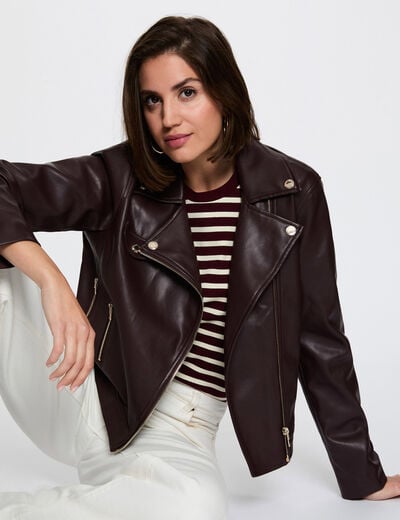 Chaqueta ajustada de cuero sint&eacute;tico burdeos mujer