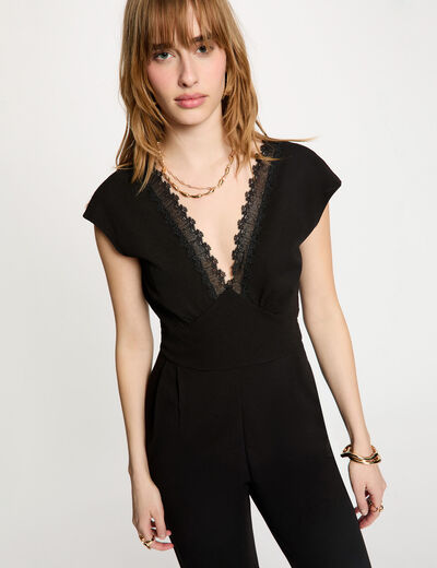 Mono de encaje con cuello en v negro mujer