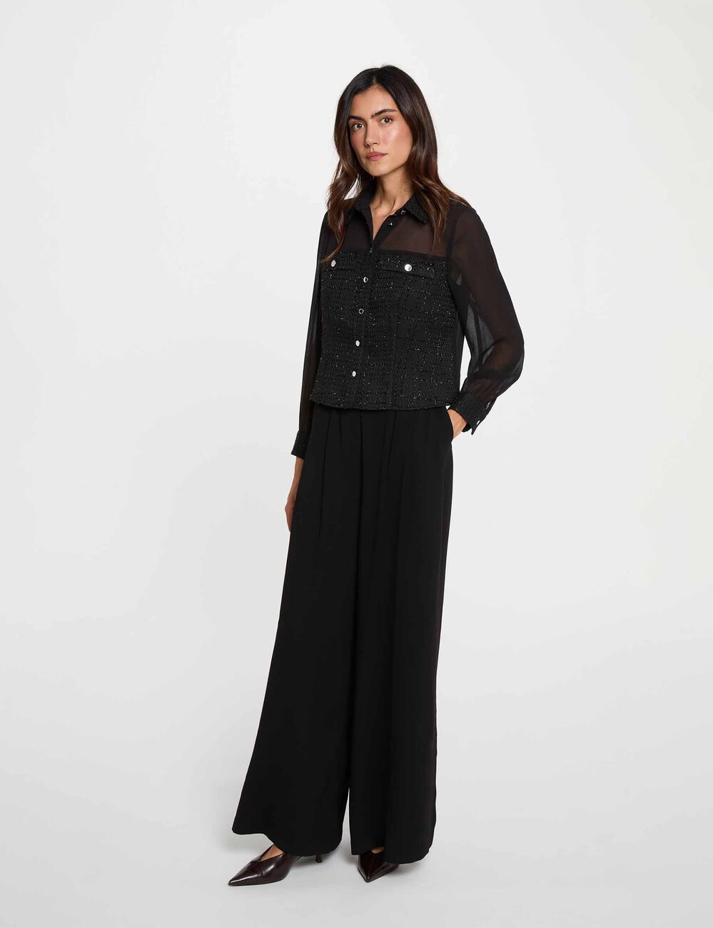 Camisa de tweed manga larga negro mujer