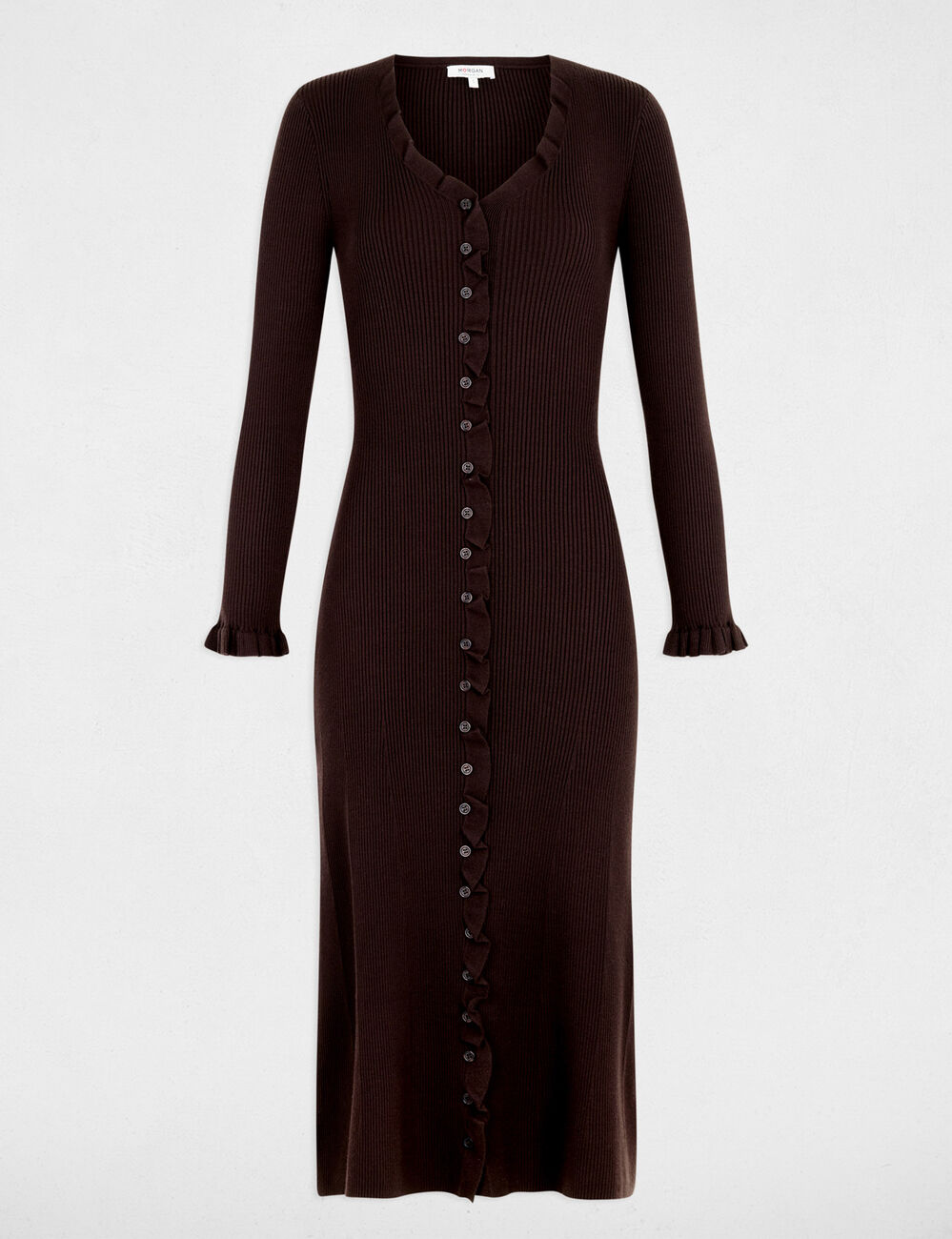 Vestido largo de punto con cuello v marr&oacute;n oscuro mujer