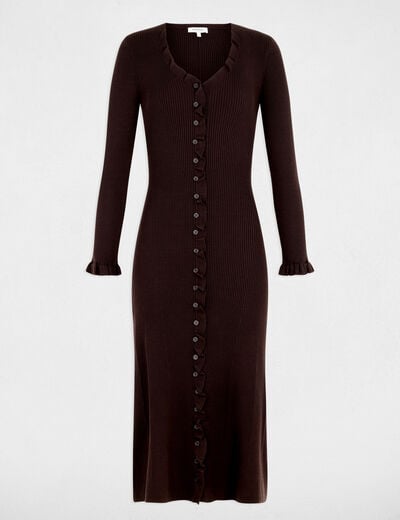 Vestido largo de punto con cuello v marr&oacute;n oscuro mujer