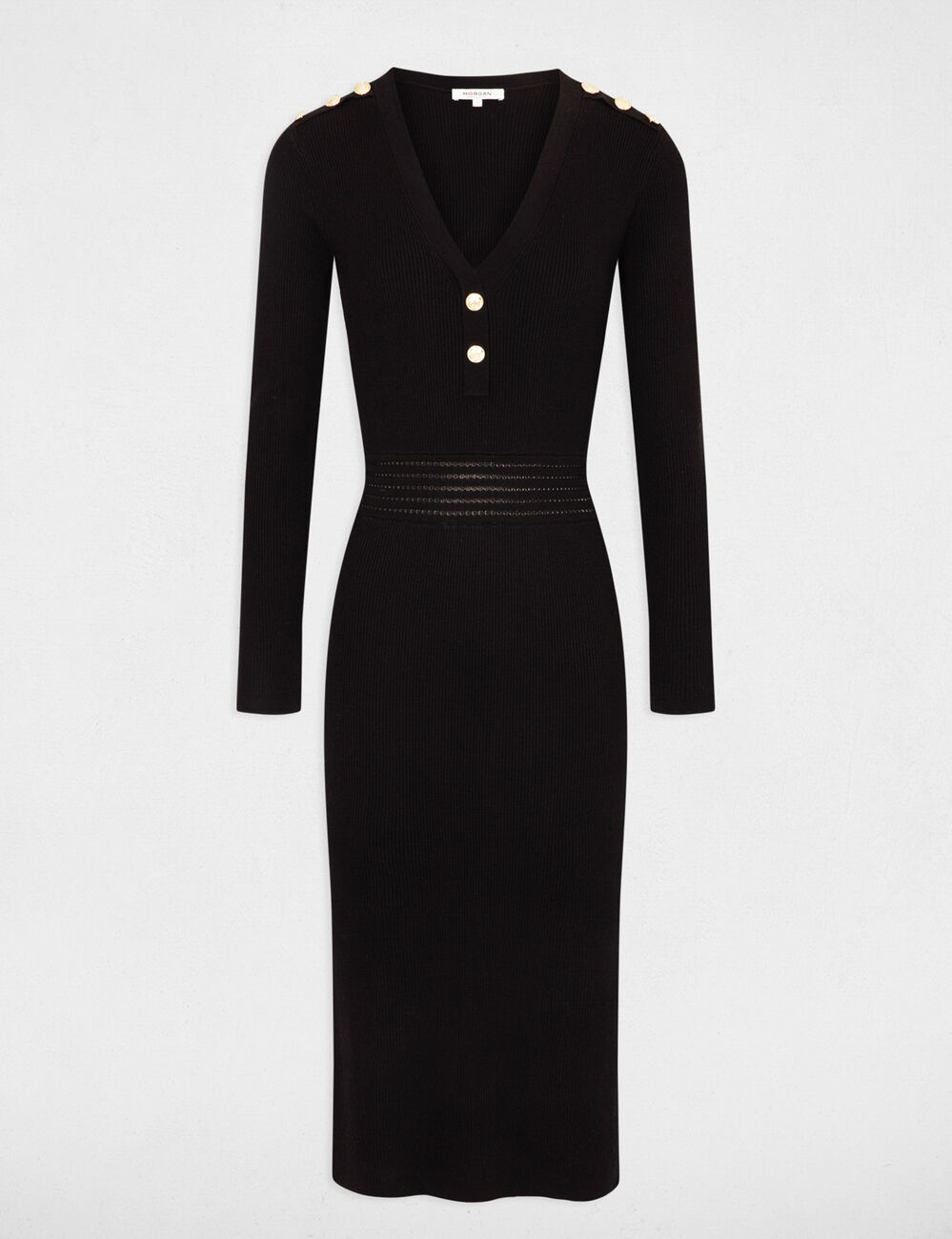 Vestido de punto midi ajustado negro mujer