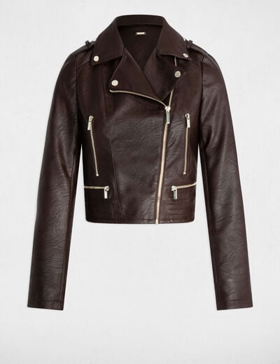 Chaqueta entallada de cuero sint&eacute;tico marr&oacute;n oscuro mujer