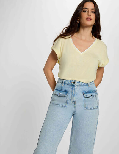 Camiseta cuello v manga corta amarillo pastel mujer