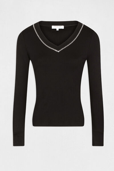 Camiseta manga larga con escote en V negro mujer