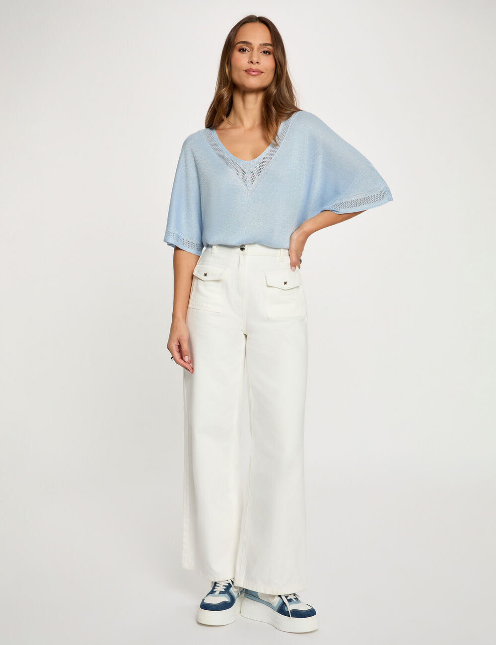 Jersey escote en V manga corta azul cielo mujer
