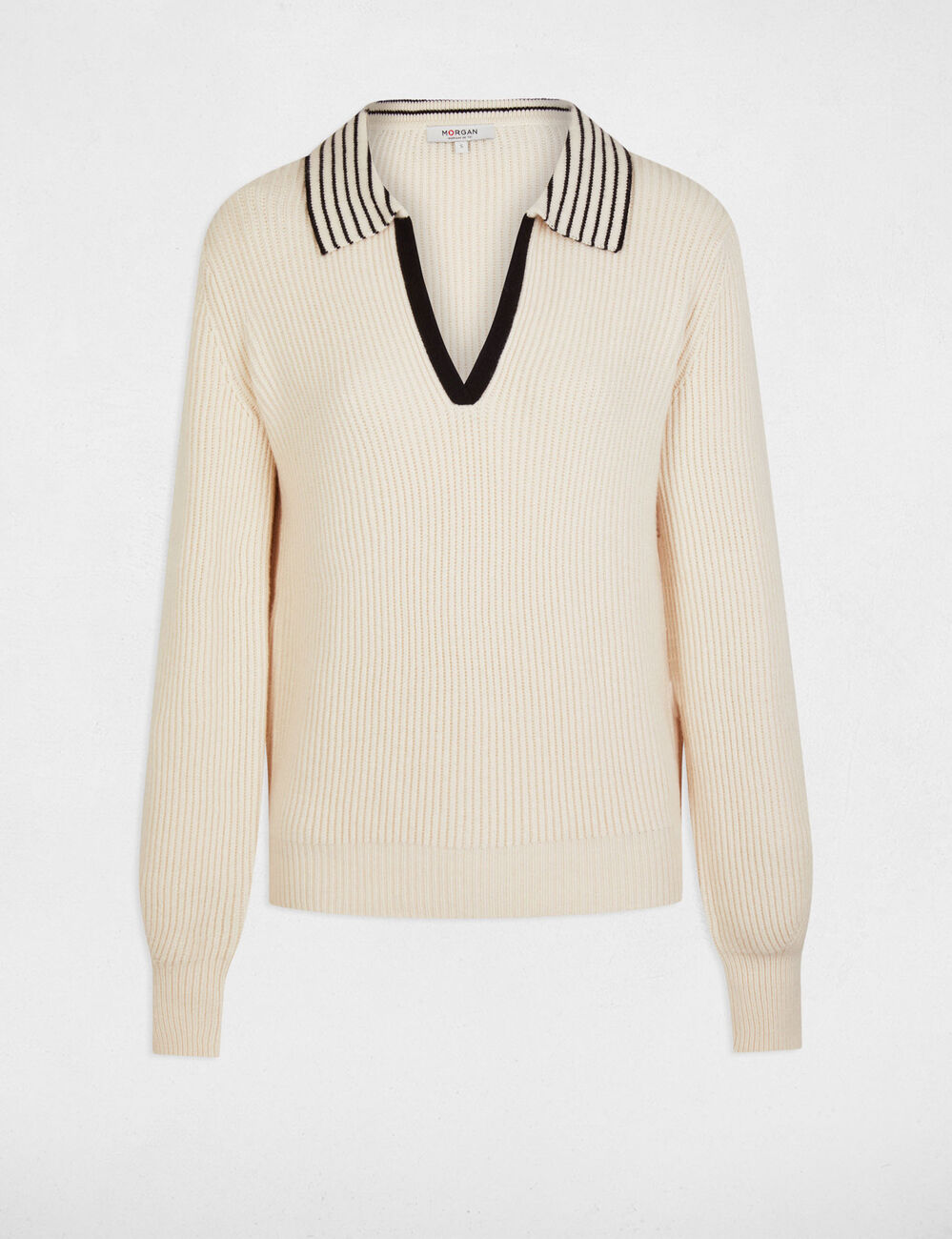 Jersey escote en V con solapa marfil mujer
