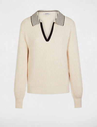 Jersey escote en V con solapa marfil mujer