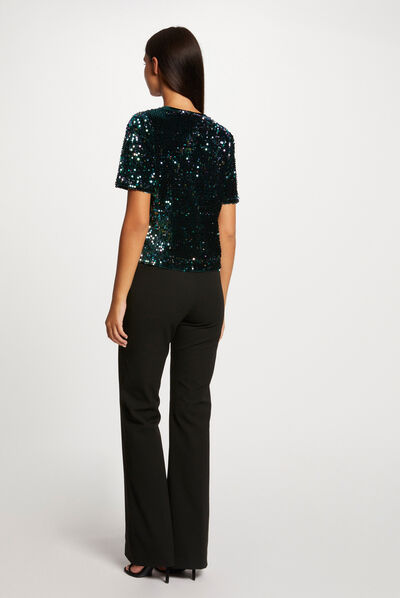Camiseta manga corta con lentejuelas verde oscuro mujer