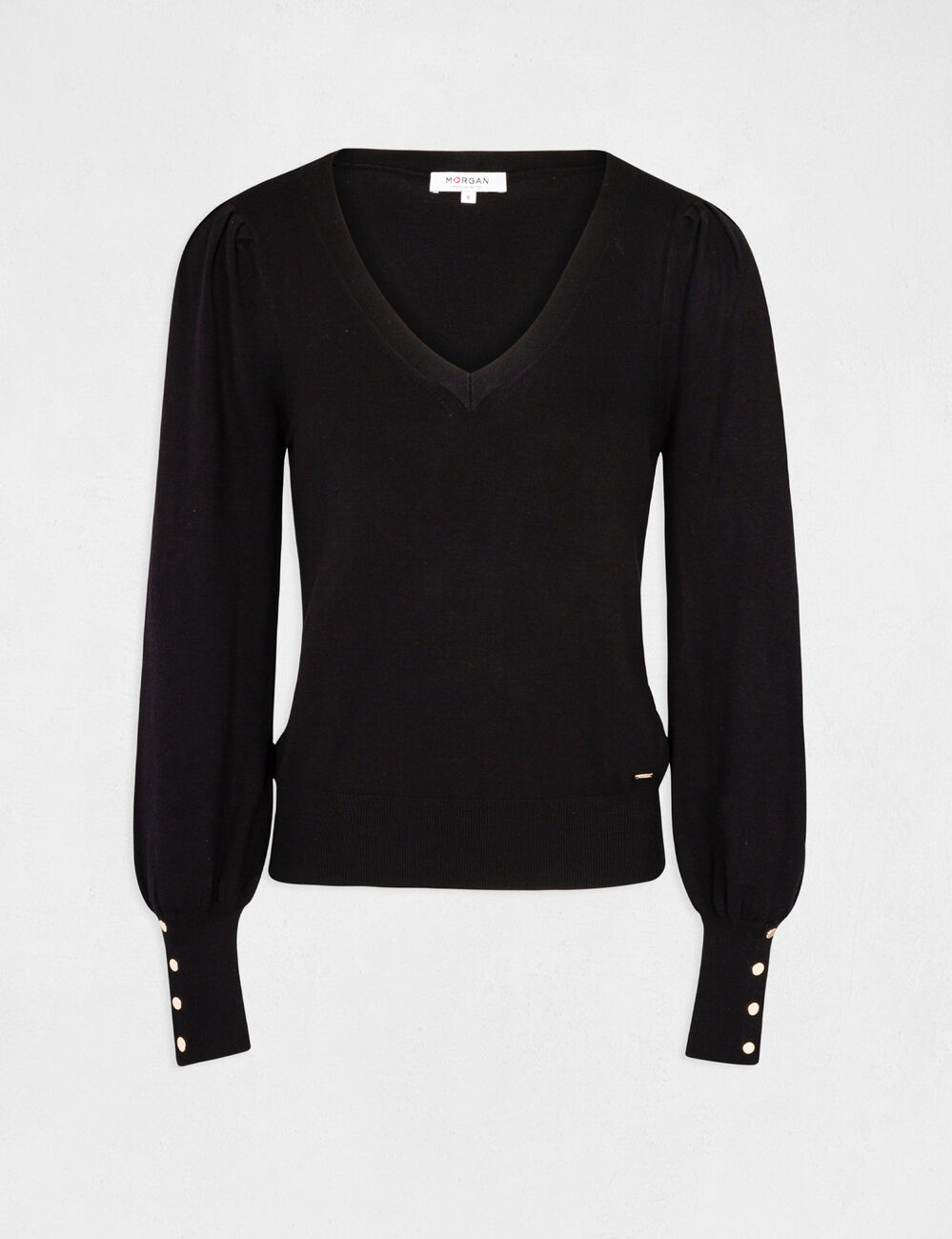 Jersey manga larga con escote en V negro mujer