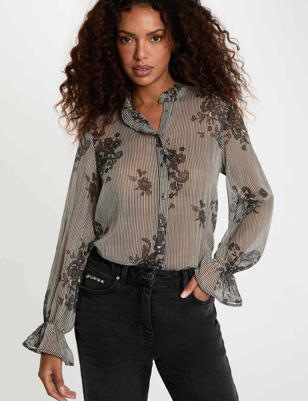 Camisa estampada cuello alto multicolor mujer