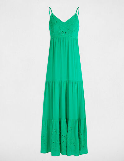 Vestido largo holgado bordado verde emeralda mujer