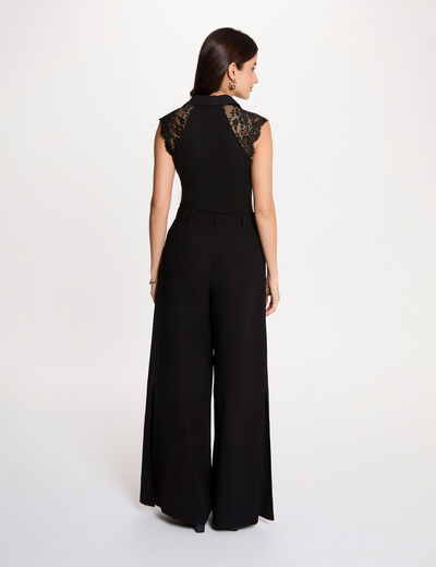 Camiseta encaje cuello solapa negro mujer