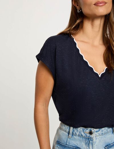 Camiseta cuello v manga corta azul marino mujer