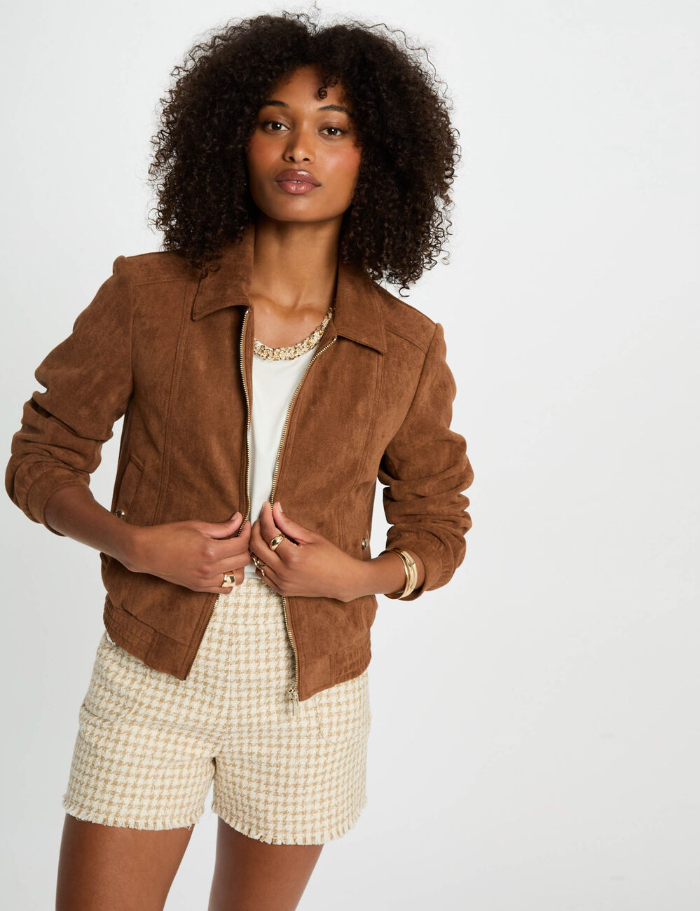Chaqueta de antelina marrón coñac mujer