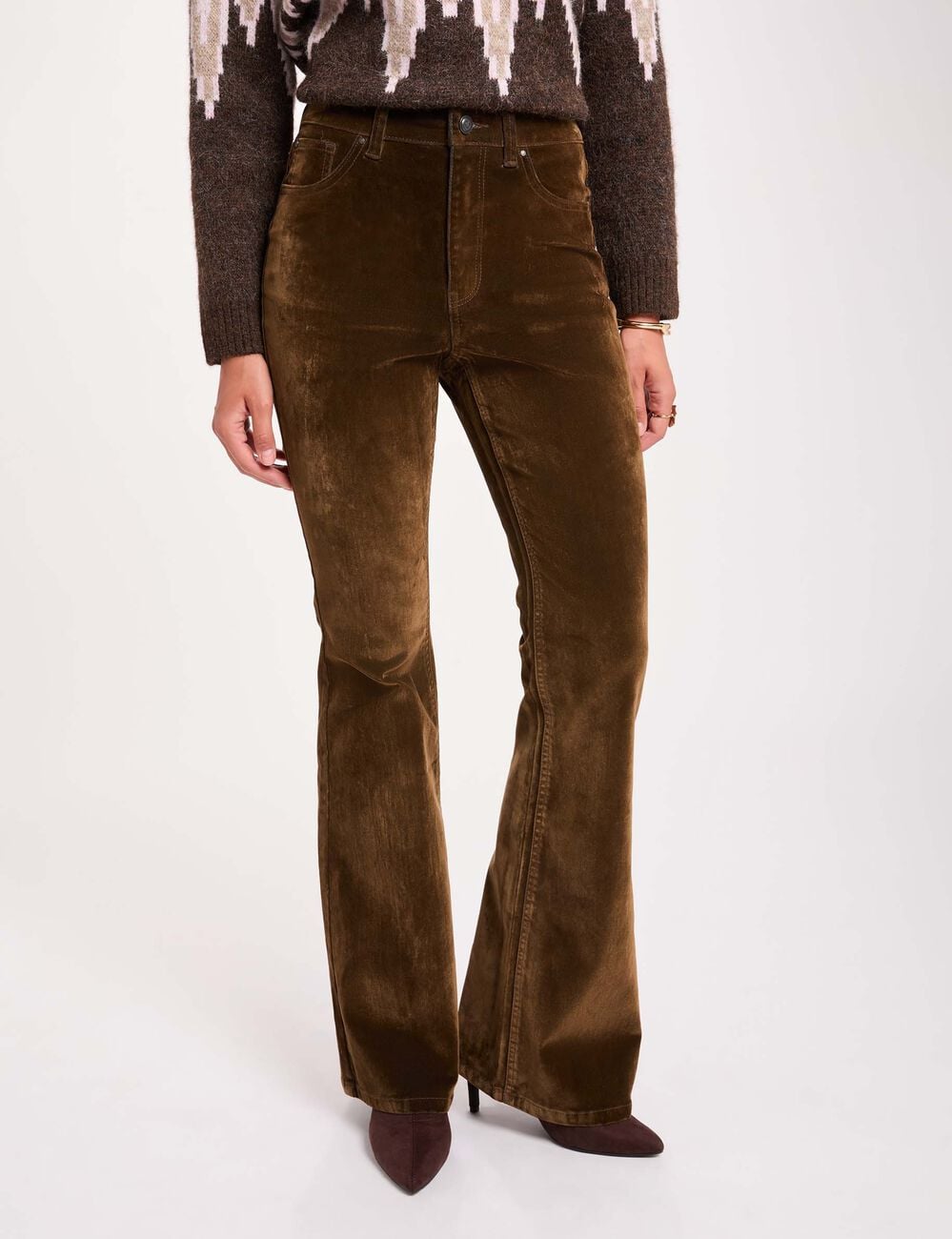 Pantal&oacute;n bootcut de terciopelo color bronce mujer