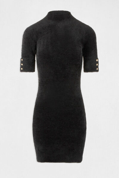 Vestido de punto ajustado manga corta negro mujer