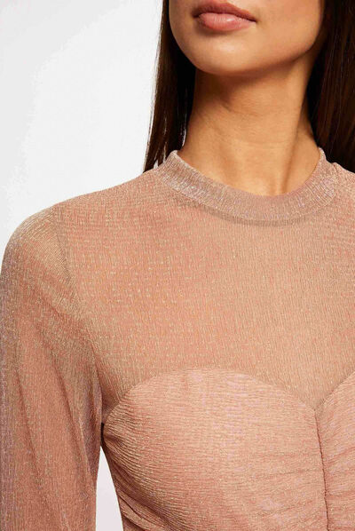 Camiseta manga larga con fruncidos rosa pastel mujer