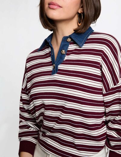 Jersey de rayas con cuello vuelto burdeos mujer