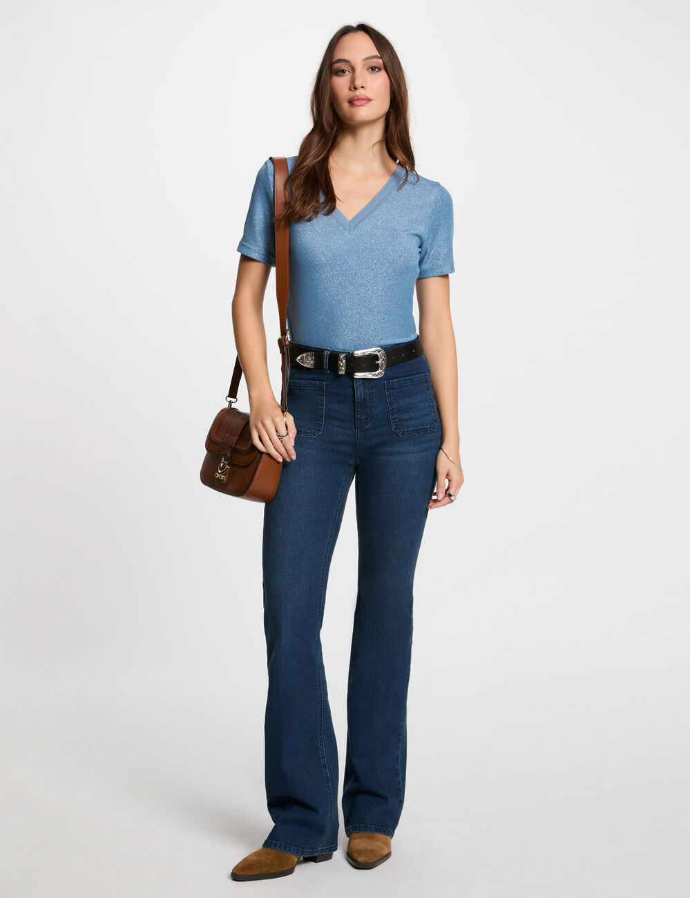 Camiseta manga corta con escote en V bleu gris mujer