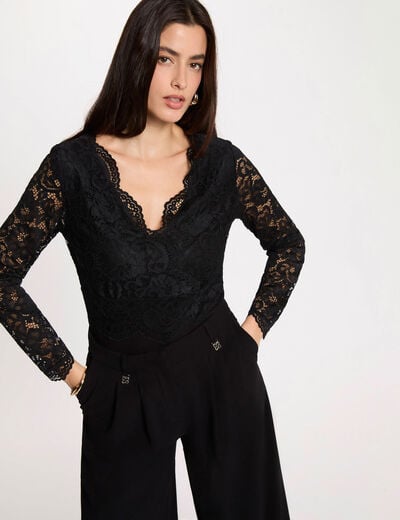 Body de encaje con cuello en v negro mujer