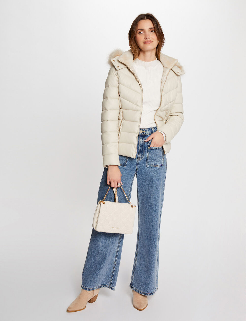 Plumón cuero sintético capucha marfil mujer