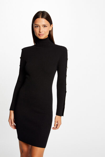 Vestido punto ajustado cuello de tortuga negro mujer
