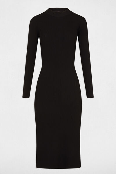 Vestido punto entallado espalda encaje negro mujer