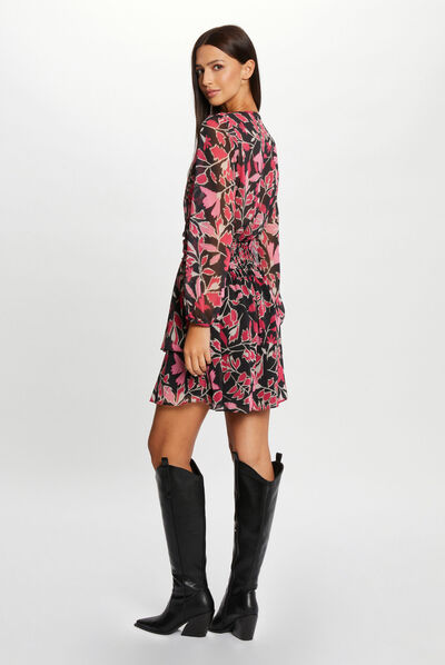 Vestido recto drapeado estampado vegetal multico mujer