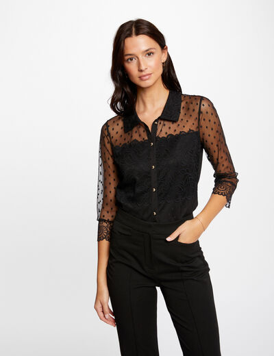 Camiseta manga 3/4 con plumeti negro mujer