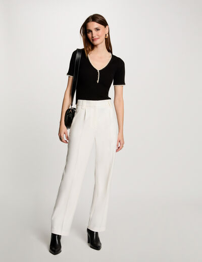 Pantalón pernera ancha pinzas crudo mujer