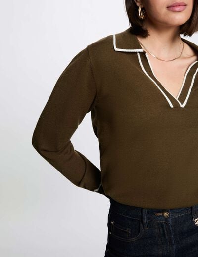 Jersey cuello polo verde caqui mujer