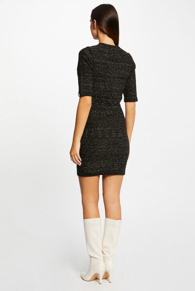 Vestido de punto ajustado manga corta negro mujer