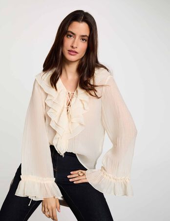 Blusa plisada con cuello en v marfil mujer