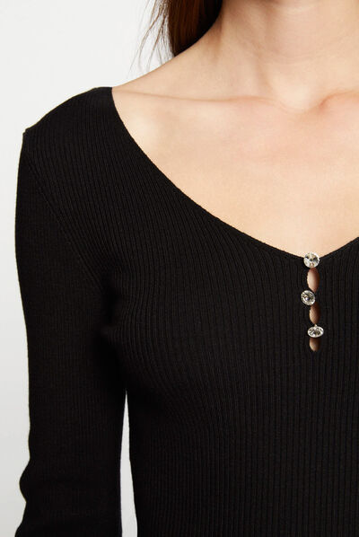 Jersey manga larga con escote en V negro mujer