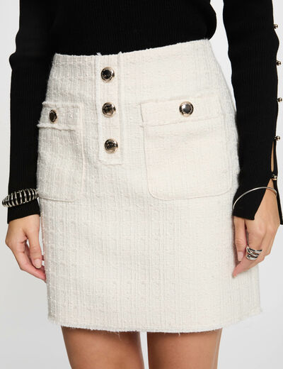 Falda corta de tweed marfil mujer