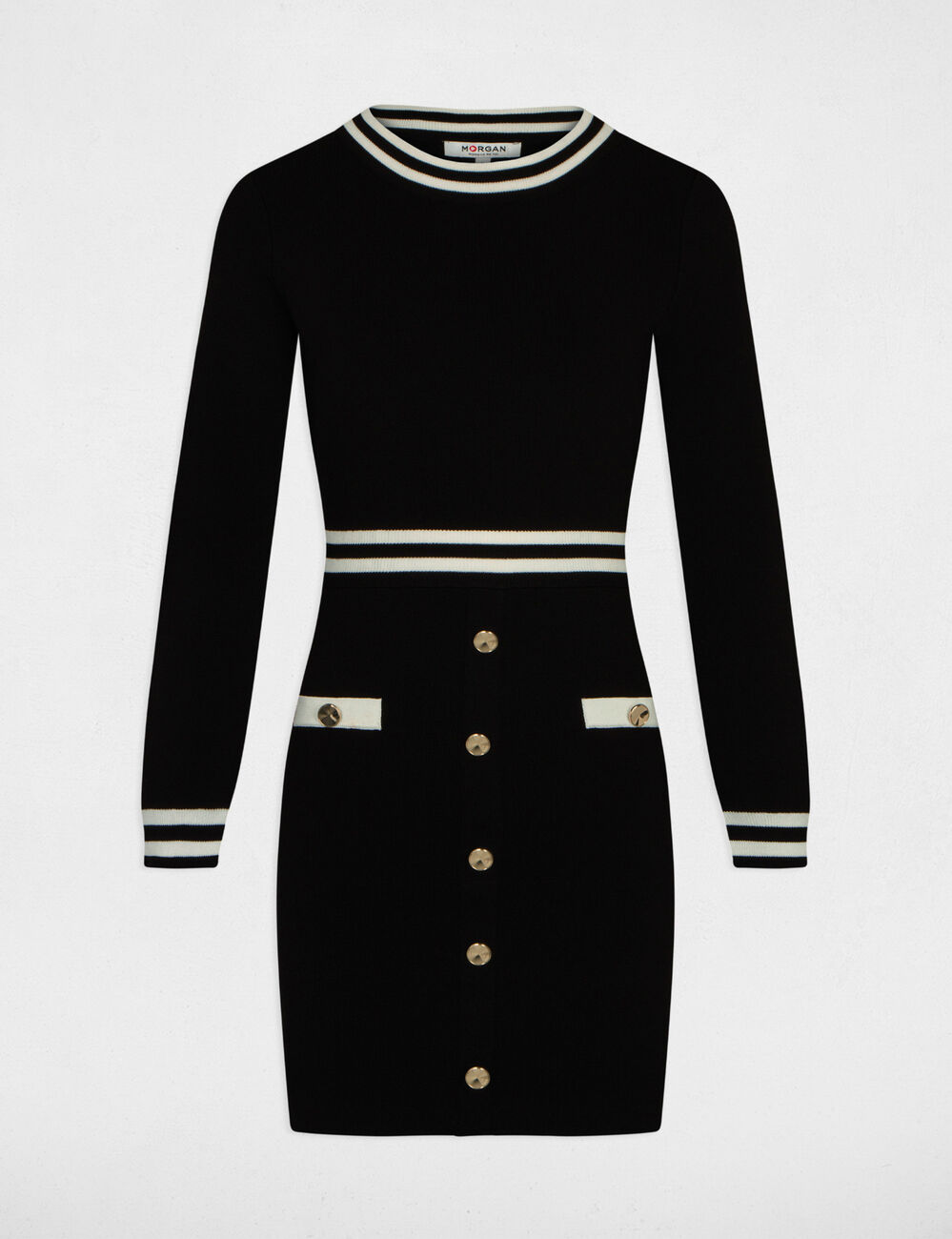 Vestido de punto ajustado con botones negro mujer