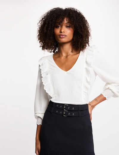 Camiseta bordada cuello en v blanco mujer