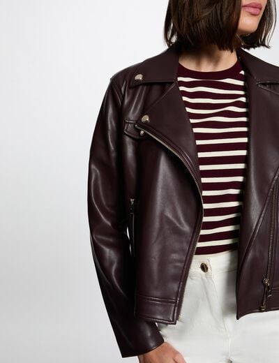 Chaqueta ajustada de cuero sint&eacute;tico burdeos mujer