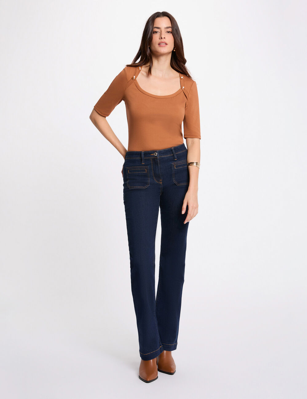 Vaqueros bootcut de tiro alto denim crudo mujer
