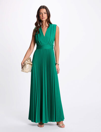 Vestido largo recto plisado verde emeralda mujer