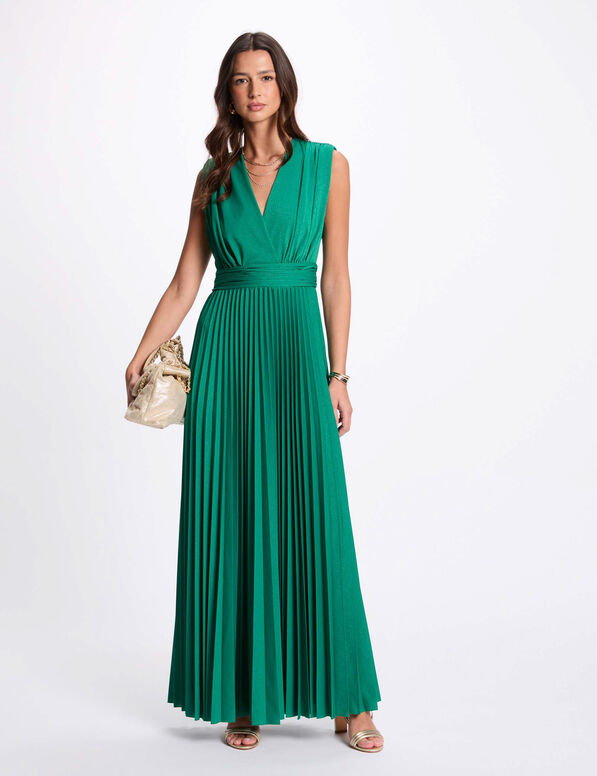 vestido largo recto plisado verde emeralda mujer Vestido largo recto plisado verde emeralda mujer