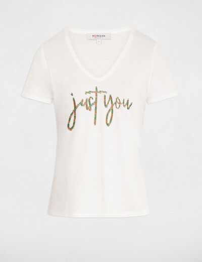 Camiseta mensaje y perlas crudo mujer
